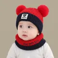Toddler winter knit hat and scarf set in red and blue contrast design with cute ear decor - Best Friends Set Red (2 Months - 2 Years)