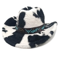 Chapeau de cowboy à imprimé vache avec bande en cuir brodée et emblème de taureau - M (56-58cm) / Couronne Droite Noir