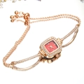 Detail of rose gold square quartz watch with red dial and rhinestone chain bracelet - Red