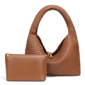 Brown woven crescent tote bag set with matching small inner pouch and gold hardware - Brown