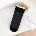 Elegant black lace mesh crew socks with floral patterns and ruffled lettuce edge trim - One Size / Flower / Black