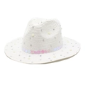 Close-up of white straw fedora with decorative pearls, rhinestones and iridescent sequins - M (56-58cm) / White