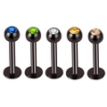 Set of five colorful gemstone labret studs with black coated stainless steel flat back base - Black Base Colorful Rhinestone Ball Style