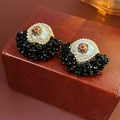 Vintage style earring with faux pearl and black faceted beads on brown leather - Silver Earring Post Black Faceted Bead Vintage Shell Pearl Stud Earrings