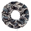 Detail view of tie-dye animal print velvet scrunchie featuring a hidden zipper pocket - Grey Leopard