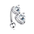Silver stainless steel belly button ring featuring double heart-shaped cubic zirconia stones - Silver Double Heart Zircon