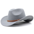 Detail of light grey wool cowboy hat with brown leather band and silver buckle - M (56-58cm) Adjustable / Light Gray