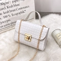Elegant white checkered texture handbag with gold chain strap on soft plush rug - White Grid