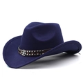 Navy blue wool felt western cowboy hat with brown studded leather belt and metal badge - Navy Blue