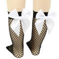 Detail of girls black fishnet knee-high socks with a large white satin bow decoration - One Size (Parent-Child) / Black Fishnet / White Bow