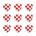 Macro view of heart-shaped alloy pendants featuring red and white checkerboard patterns - Silver Tone Red White Checkerboard Heart