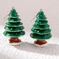 Detail of handmade green Christmas tree earrings with white snow and festive ornaments - Christmas Tree (25677-green)