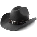 Black woven western cowboy hat with a metal bull head emblem and wide upturned brim - M (56-58cm) / All Black
