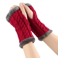 Red knit fingerless gloves with grey faux fur trim for winter warmth and cozy style - One Size / Jujube Red 7#