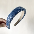 Denim blue knotted headband featuring silver sequins and a comfortable beige lining - Sequin Dark Blue