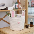 Handwoven cream cotton rope basket with pink bunny ears and integrated carry handle - With Handle / Pink & White