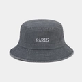 Close-up of vintage washed cotton bucket hat with white PARIS embroidery and metal eyelets - Gray