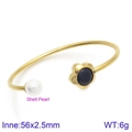 Golden titanium steel open bracelet with blue flower and white shell pearl detail - Gold Dark Blue Flower Style (KB123085-K)