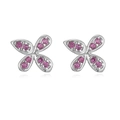 Macro detail of silver bow earrings with symmetrical pink crystals and polished finish - Platinum Plated Rose Red Zirconia