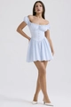 Detail view of light blue puff sleeve dress with pleated bodice and cinched waistline - S / Light Blue