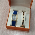 Montre femme dorée rectangulaire avec bracelet bleu et bracelet LOVE doré en coffret - Style 34 (Sans boîte)