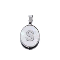 Detailed close-up of oval silver pendant with white mother of pearl and metal letter S - Steel Letter S