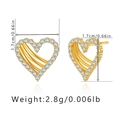 Detail view of gold geometric heart earrings with cubic zirconia and size specifications - Hollow Zirconia Intertwined Heart Studs