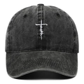 Vintage washed cotton baseball cap with FAITH cross embroidery and distressed finish - Black