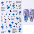 Blue floral nail art stickers with artistic English lettering for professional manicure - STZ-CS249 Blue Floral Text