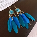 Bohemian long feather earrings with blue teal gradient and golden chain details - 8# Blue Enameled Feather Tassel Hook