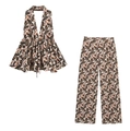Floral print halter neck top and wide-leg trousers set in brown and orange abstract pattern - S / Set