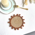 Bohemian round woven coaster in brown and beige with small pom-pom edge detailing - 13cm Coaster / Tan