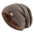 Gorro de punto de invierno para hombre con forro polar térmico y parche de cuero premium - Caqui