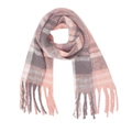 Pink and grey plaid scarf with thick tassels made of soft boucle yarn for women - Pink
