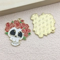 Skull with red rose crown enamel charms in gold finish for Halloween DIY jewelry making - Rose Skull