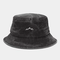 Close-up of mountain peak embroidery on black washed cotton bucket hat with eyelets - One Size / Black