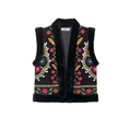Gilet noir pour femme avec broderie, bordure en fausse fourrure et motifs floraux - XS / Noir