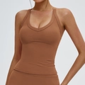 Slim-fit brown yoga sports bra with U-neck design and high elasticity fabric - S / Coffee