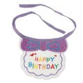 Detail of purple and white fleece pet birthday bib with rainbow Happy Birthday embroidery - Purple Bib