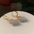 Elegant gold S925 silver earrings featuring pink enamel and crystal heart pendants - E5629 Ear Buckle / Pink Heart