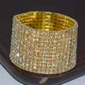 Exaggerated wide ten-row sparkling rhinestone stretch bracelet in brilliant gold finish - 12 Row Gold Clear Rhinestone Bracelet