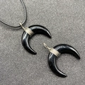 Polished black crescent moon horn pendant with silver wire wrap and matching cord - Obsidian