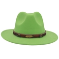Detail of lime green fedora hat featuring brown braided band and golden feather buckle - Fruit Green