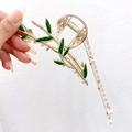 Pince à cheveux bambou dorée avec feuilles vertes et doubles glands en perles - 40# Bambou d'Or