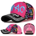 Pink and black mesh baseball cap with blue MAO embroidery and graphic pattern brim - Adjustable / Rose Red Mesh Front