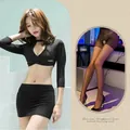 Two-piece sexy black secretary uniform set with cut-out top, mini skirt, and sheer stockings - One Size / Black Long Sleeve Secretary + Black Crotchless Stockings