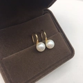 Elegant gold hook earrings with white freshwater pearls on dark brown velvet box - 7.5mm Gold Base Button Pearl Silver High Heel