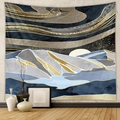 Detail of wall tapestry featuring abstract navy blue and gold mountain peaks landscape - Blue Grey Gold (QY428-55)