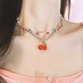 Close-up van dubbellaagse kralenketting met kersenhanger en hartvormige schakels - Stijl 3# Kers Hart Dubbellaagse Kralenketting