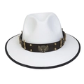 White western fedora hat with brown leather band featuring golden eagle and bullet charms - M (56-58cm) / White (91 Series Dual Guns Wings Badge Decor)